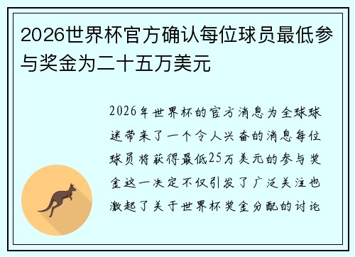 2026世界杯官方确认每位球员最低参与奖金为二十五万美元